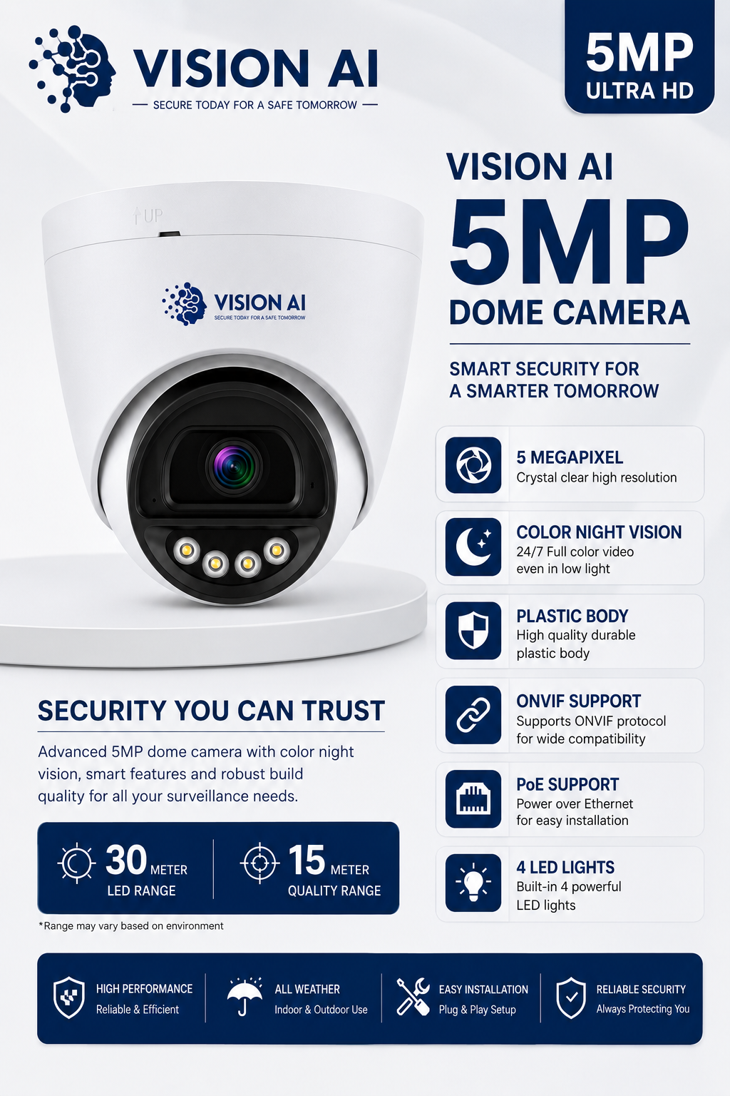 Vision AI 5MP Smart Dome Camera with 4 LED Lights & Full Color Night Vision  (VAI-PD-5A)